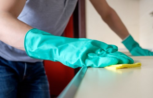 Professional carpet cleaner reviewing safety measures during a property visit