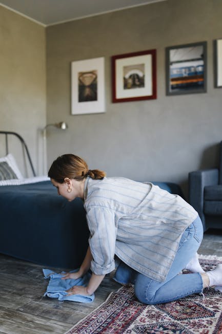 A professional cleaner from Gallows Corner carpet cleaning company is performing deep cleaning on a low wall-mounted radiator in a modern room, using a handheld vacuum or upholstery cleaning device. T